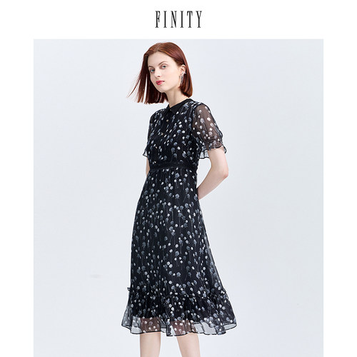 【100%桑蚕丝】FINITY菲妮迪夏装网纱镂空真丝连衣裙中长款仙女裙