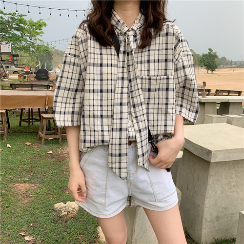 Real Price ~Korean Version of Retro Loose Tie Chequered Shirt~