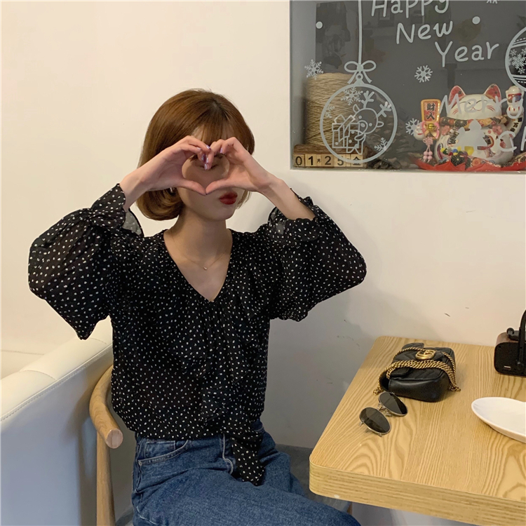 Real photo real price Korean style collar point Ruffle edge chiffon shirt