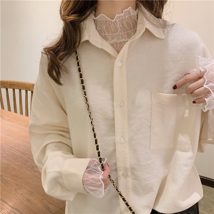 Real photo real price Korean loose solid color shirt lace bottoming shirt