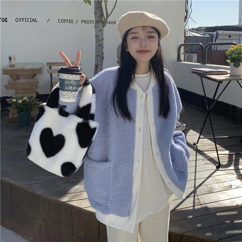 Real shooting and real price ~ Korean version loose and warm imitation lamb wool contrast color Plush thickened cardigan coat in winter~