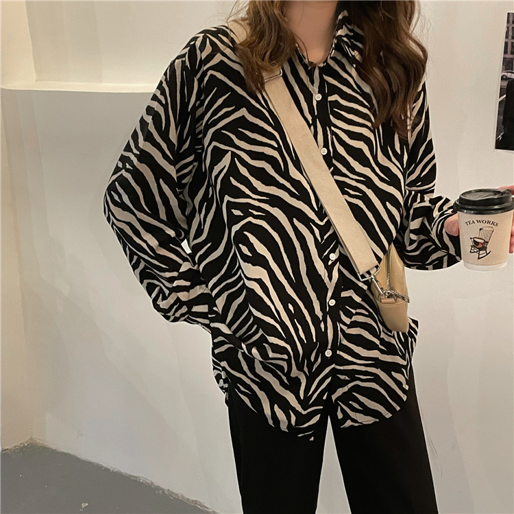 Real price Korean retro early spring simple zebra pattern versatile chiffon shirt