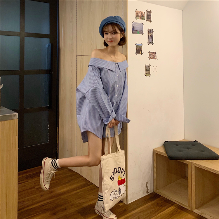 Price Control 36 Real Price ~Korean Version Loose Leisure One-collar Careful Machine Stripe Shirt ~Tested