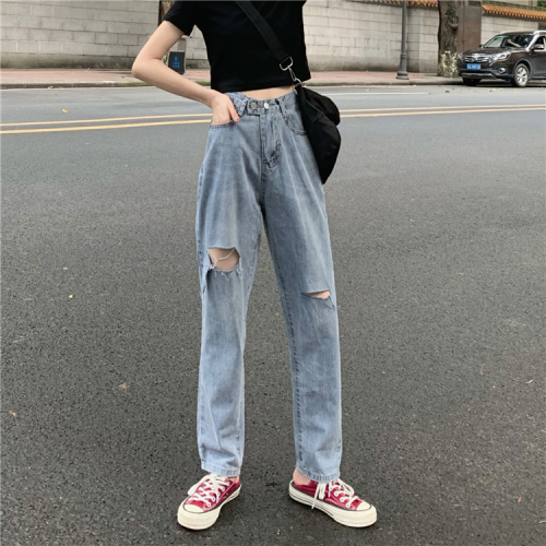 Real Price ~Korean version of high waist two-grain buttoned jeans made of old washed holes ~has been tested