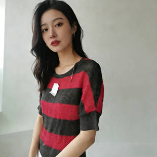 T上衣 收腰显瘦镂空透气通勤短袖 红黑撞色条纹针织衫 女圆领蝙蝠袖