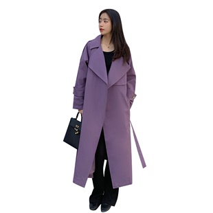 2022年春秋季新款紫色长款风衣女高级感炸街韩版宽松休闲外套大衣