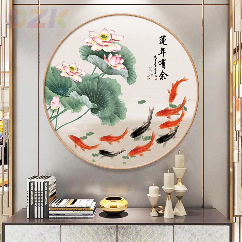 新中式圆形荷花九鱼图壁画入户玄关带灯装饰画客厅餐厅背景墙挂画图片