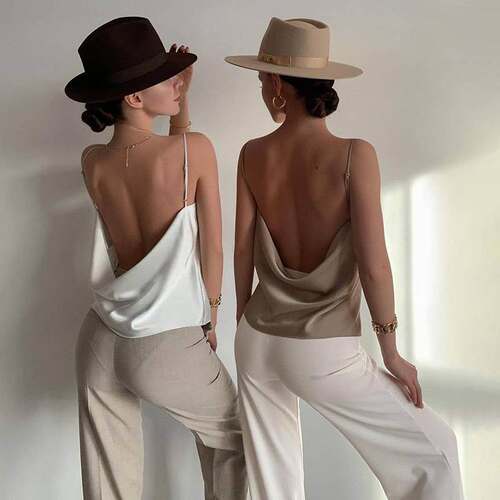 Open back satin suspender vest纯色性感露背缎面修身吊带背心女
