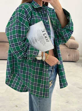 Oversized Shirts For Women Sreet top街头复古翻领长袖格纹衬衫