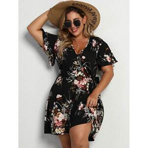 fat women flower print dresses 大码连衣裙 深V印花海边沙滩裙