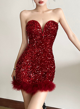 圣诞新年穿搭御姐名媛红色亮片v领连衣裙设计感显瘦包臀短裙礼服