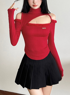 圣诞氛围感穿搭纯欲半高领镂空长袖针织衫显瘦短款露肩红色毛衣女