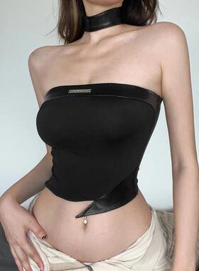 欧美风黑色PU皮拼接抹胸背心女夏外穿不规则设计感显瘦辣妹上衣