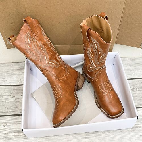 骑士靴女方头西部牛仔靴Women Cowgirl Cowboy Boots Retro Shoes