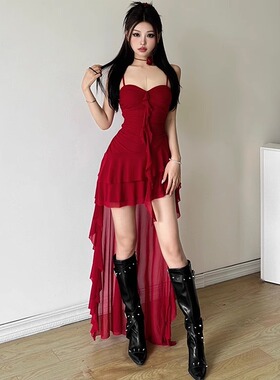 圣诞穿搭法式红色不规则纱裙连衣裙女荷叶边网纱一字肩拖尾吊带裙
