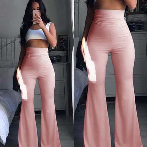 Bell Bottoms Ladies Stretch Flare Trousers Solid Pink Pants