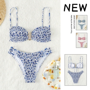 Swimwear Ruched Women Ruffles Swimsuit Floral Bandeau Print