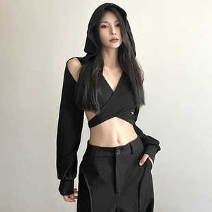 亚比暗黑系废土风连帽挖肩镂空交叉绑带长袖罩衫t恤女辣妹上衣