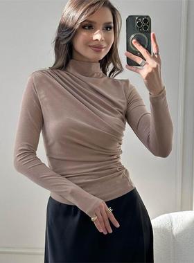 Long Sleeve Shirt Women Ribbed Sexy Cropped Topst恤立领修身