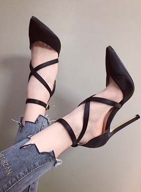 2019新款欧美12cm细跟高跟鞋性感尖头浅口单鞋跟鞋黑色女凉鞋工作