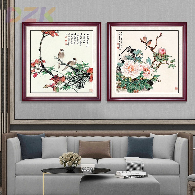 国画花鸟画方形水墨画办公室客厅玄关书房装饰画实木画框斗方。3