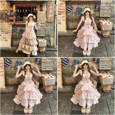 甜美粉红色碎花洋装女夏日绝美温柔风公主蛋糕裙仙女蓬蓬长裙子