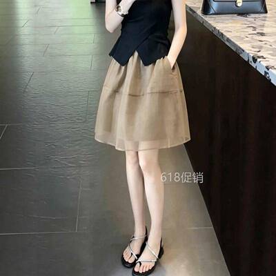 欧根纱半身裙女2026夏季新款高腰显瘦遮胯a字裙短裙小个子蓬蓬裙
