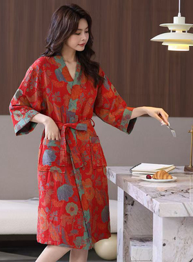 浴袍女士纯棉吸水浴衣双层纱布四季通用红色夏季睡衣薄款全棉睡袍