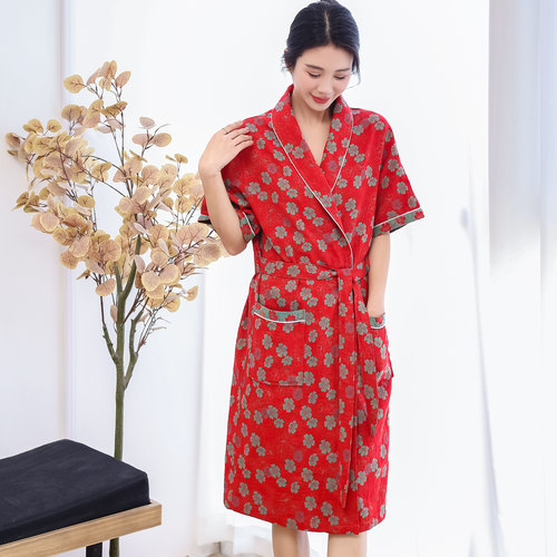 浴袍女纯棉纱布短袖夏季薄款睡袍