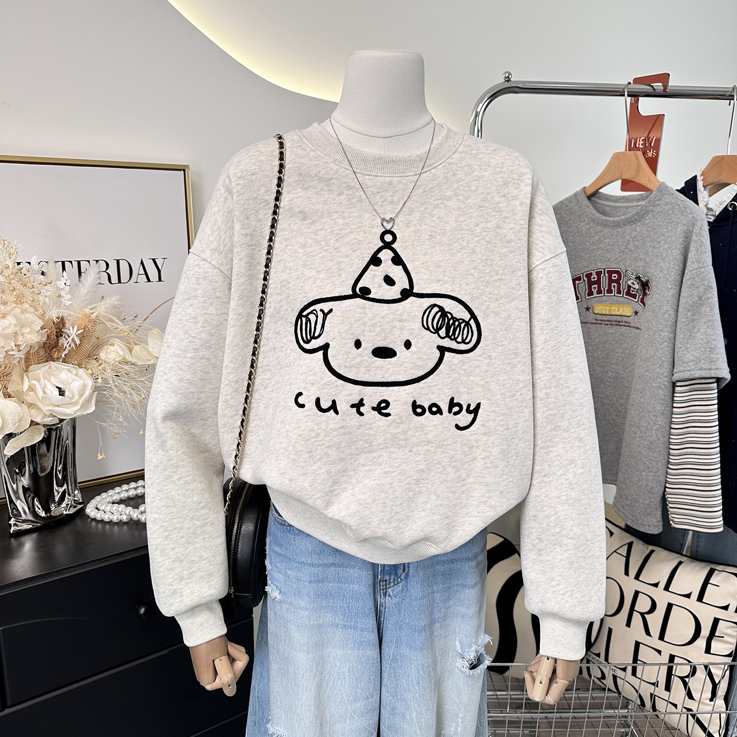 韩代款时尚减龄刺绣生日帽狗狗宽松大码加绒加厚卫衣女短款冬季