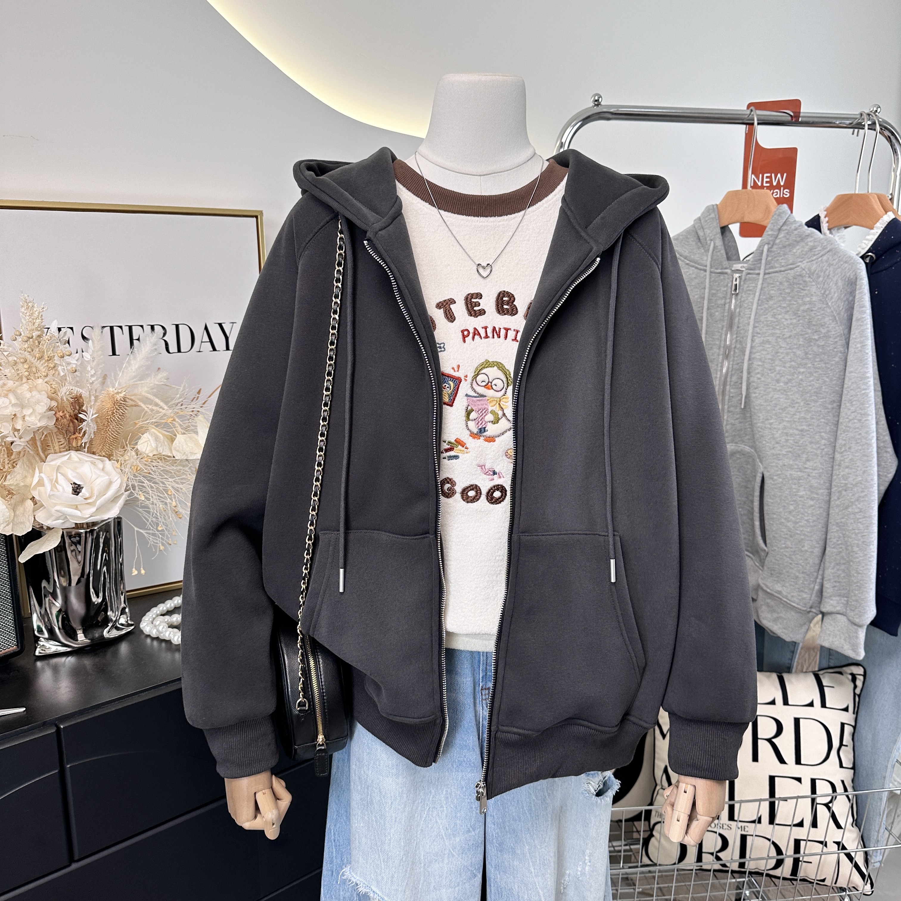 净版纯色拉链外套~冬季2025新款韩版休闲宽松版加绒加厚连帽卫衣