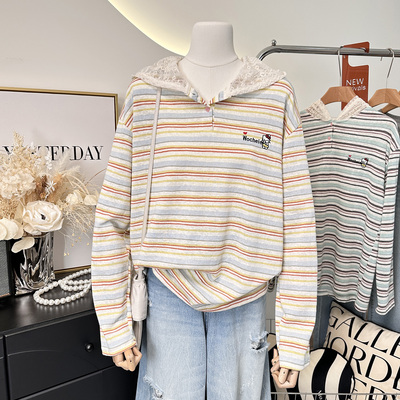 自留推荐~春装2026新款韩系时尚洋气条纹蕾丝连帽宽松长袖t恤女潮