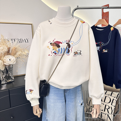 秋冬2025新款韩国时尚重工立体刺绣卡通宽松慵懒风圆领卫衣女上衣