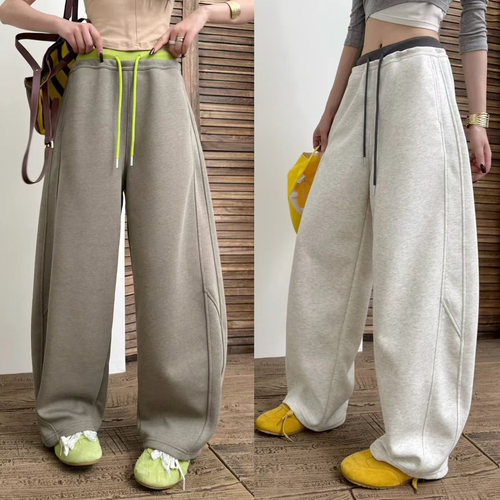 梨形身材遮肉显瘦！春日慵懒撞色抽绳百搭宽松阔腿弯刀裤休闲卫裤