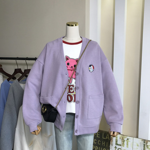 韩系简约可爱刺绣卡通宽松大码V领卫衣春秋新款女外套系扣开衫