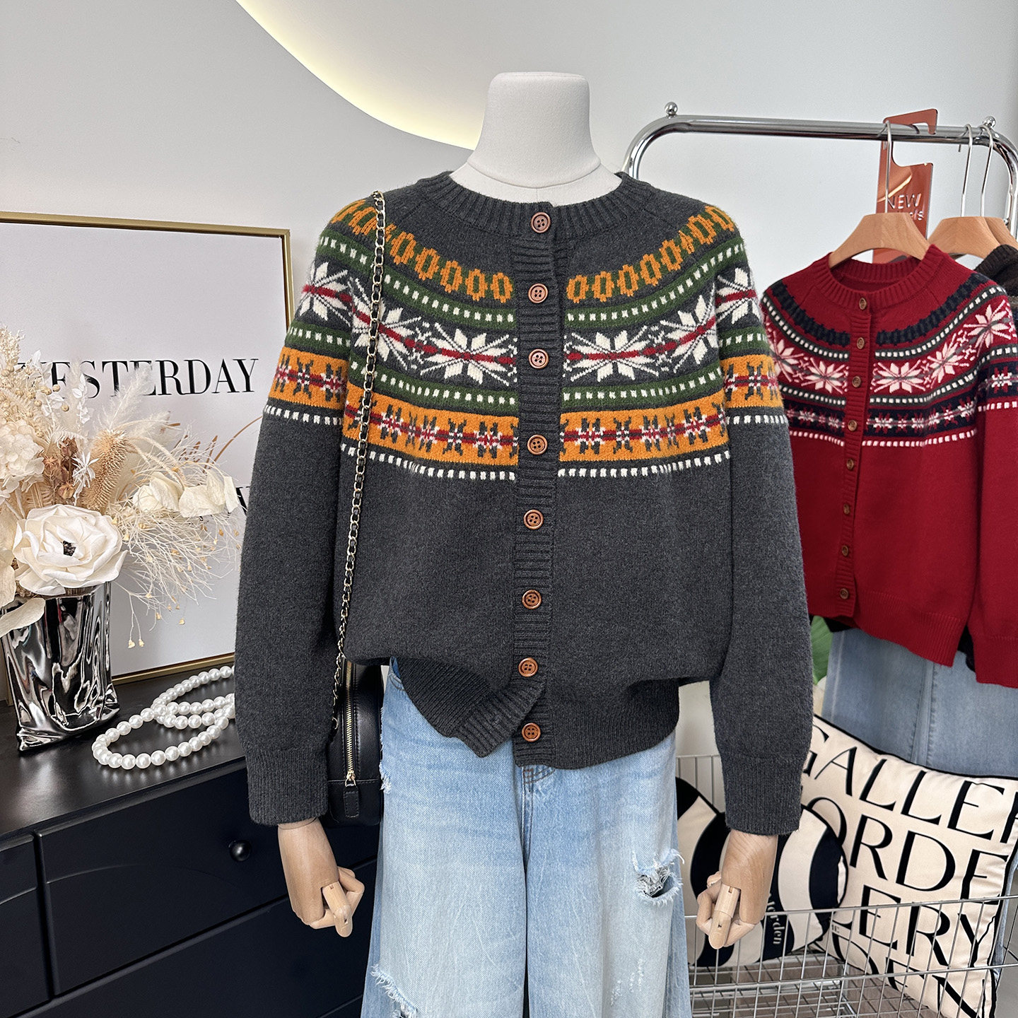 韩系时尚提花独特漂亮费尔岛毛衣女士宽松松弛感针织衫开衫高级感,女装/女士精品,毛衣,淘宝优惠券,粉丝福利购,淘宝优惠卷