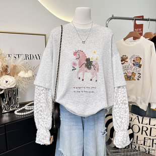 宽松假两件t恤女薄款 2026春装 洋气小马印花蕾丝袖 韩系时尚 潮 新款
