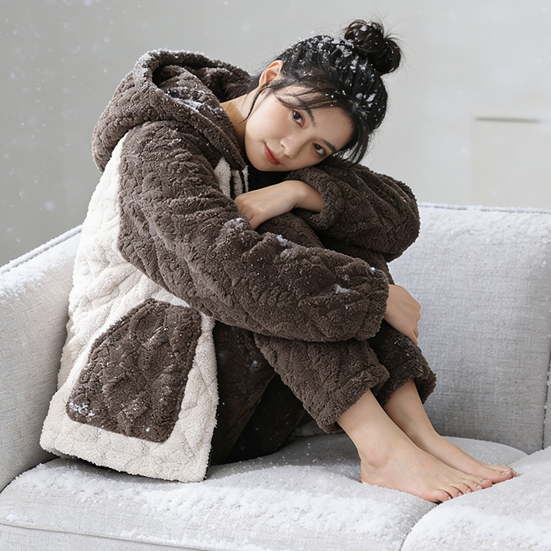 女士舒棉绒连帽拉链睡衣套装秋冬保暖家居服套装少女宽松三层加厚