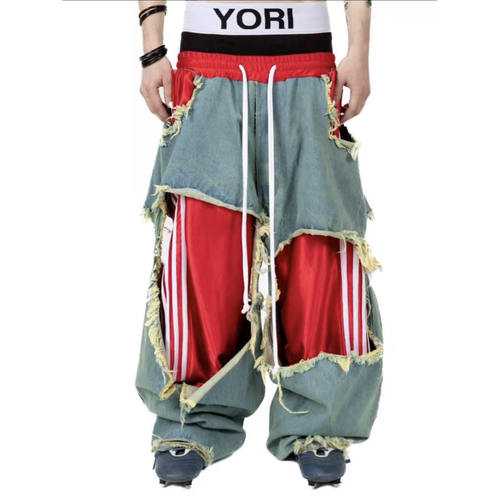 YoriSports红色破坏拼接牛仔裤
