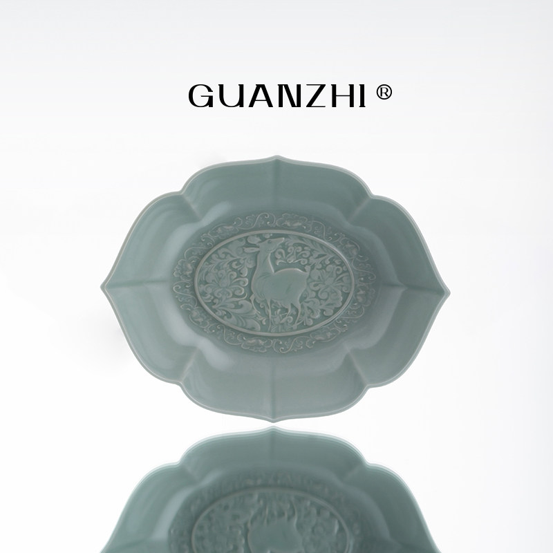 观止天青汝窑茶点盘高脚点心碗坚果干果碟茶几装饰摆件陶瓷水果盘