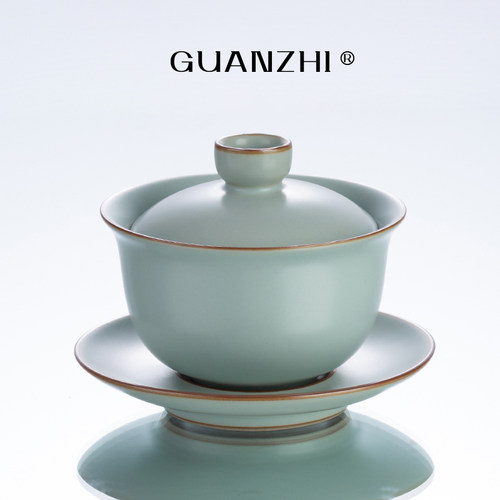 观止天青汝窑三才盖碗茶杯