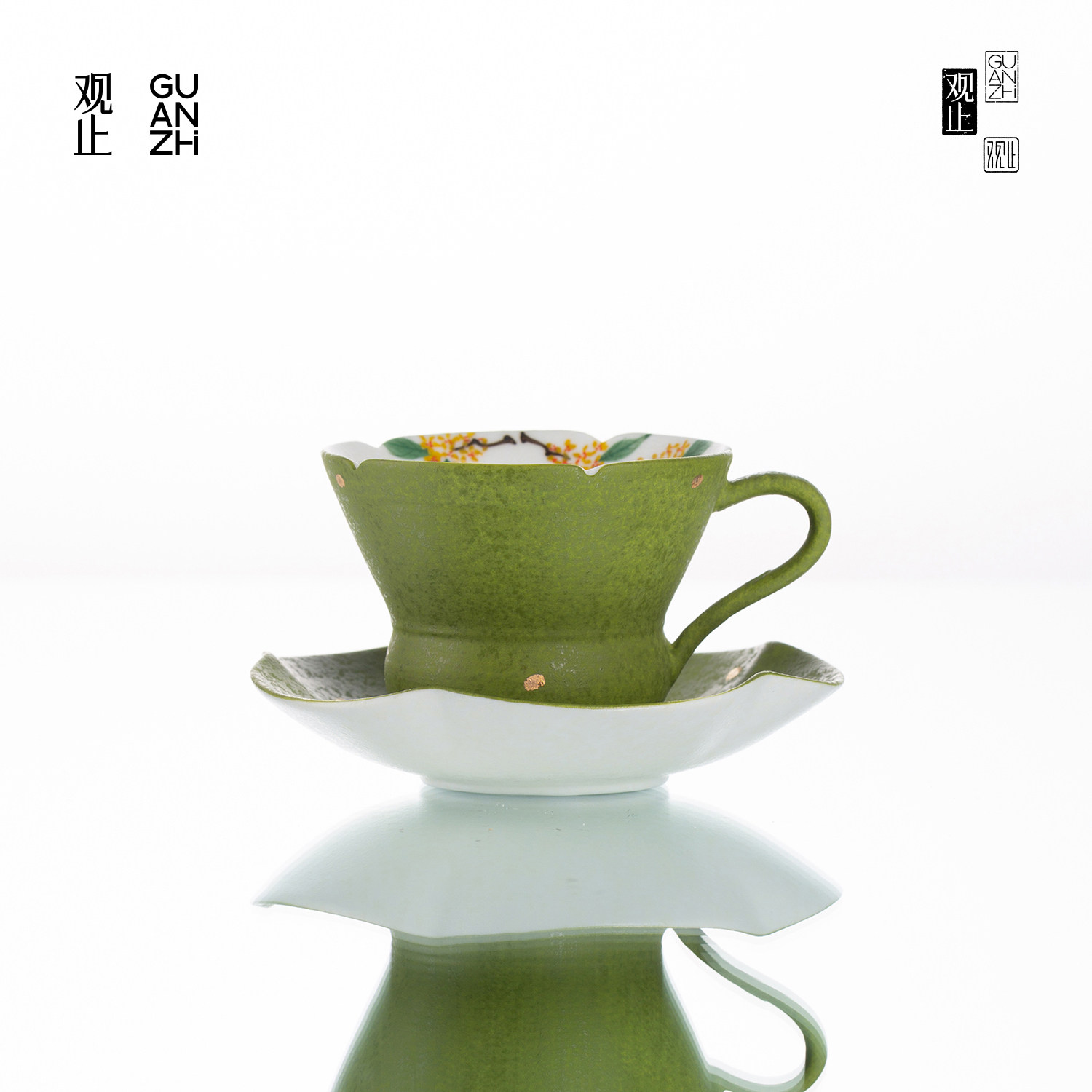 观止手绘洒金茶咖杯釉下彩咖啡杯带杯碟家用高档功夫茶具陶瓷茶杯