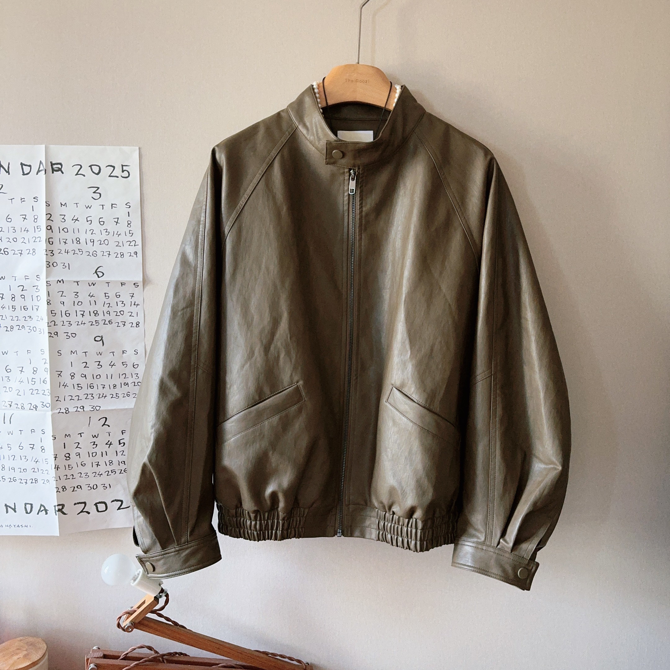 搭配师果子2025春季新款女装日韩卡绿色皮衣外套美式复古仿皮夹克