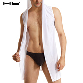 白色帽衫 无袖 高雅带帽风衣 丝滑纯色中长款 Hb睡袍家居服高档轻薄款