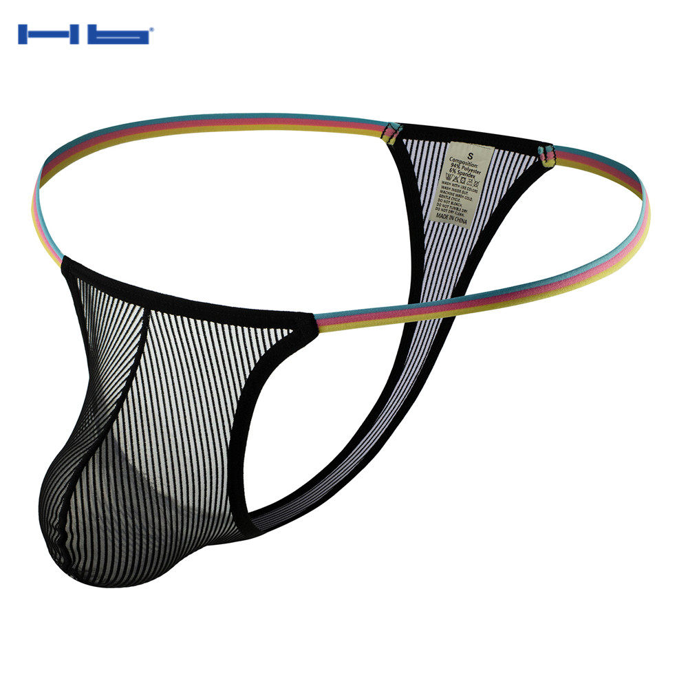 hb男士单丁内裤透明条纹性感透气u凸设计低腰纯色黑诱惑炫动t字裤