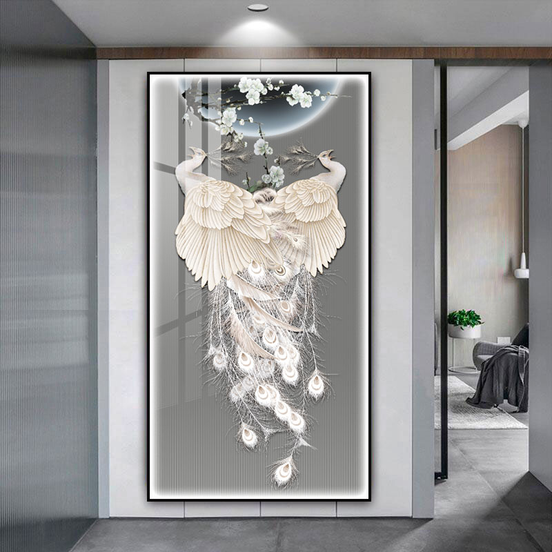 现代简约玄关装饰画竖版新中式墙面挂画走廊轻奢LED灯光孔雀壁画图片