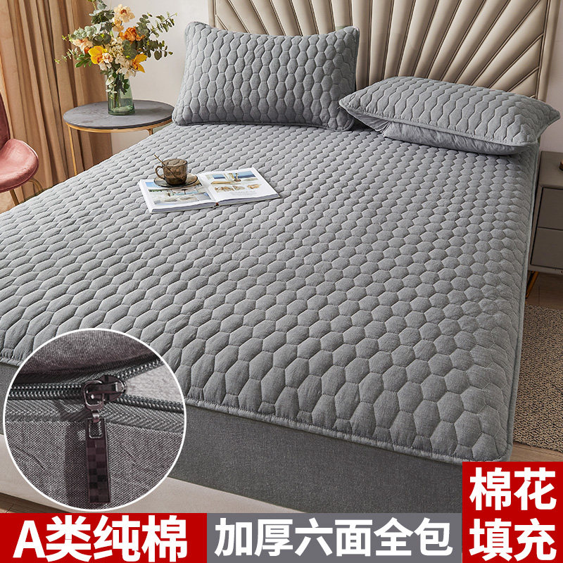 全棉棉花夹棉六面全包床笠单件席梦思床垫保护套罩拉链式防滑固定_虎窝淘