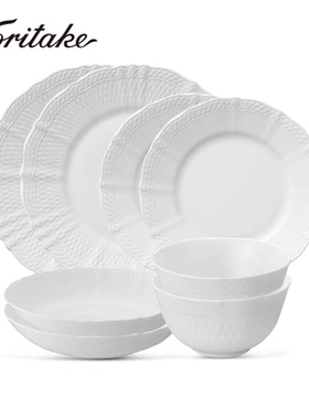 Noritake则武cher blanc纯白陶瓷碗碟盘2026新款高档浮雕餐具套装