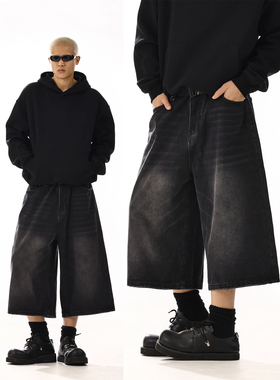 美式复古黑色牛仔七分裤男女夏季新款街头宽松情侣直筒牛仔短裤子