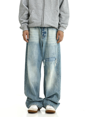 新款美式复古冰蓝色直筒牛仔裤vintage水洗磨损宽松裤子